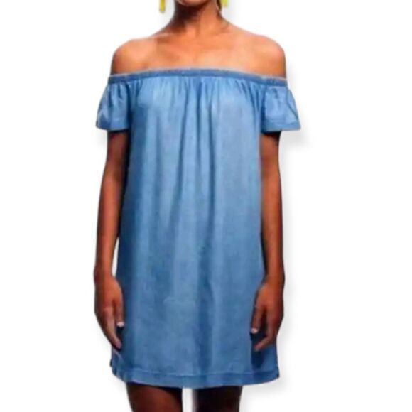 Cloth & Stone Chambray Dress Shift Mini Off Shoulder Light Wash XS Tencel Tunic - Picture 16 of 16